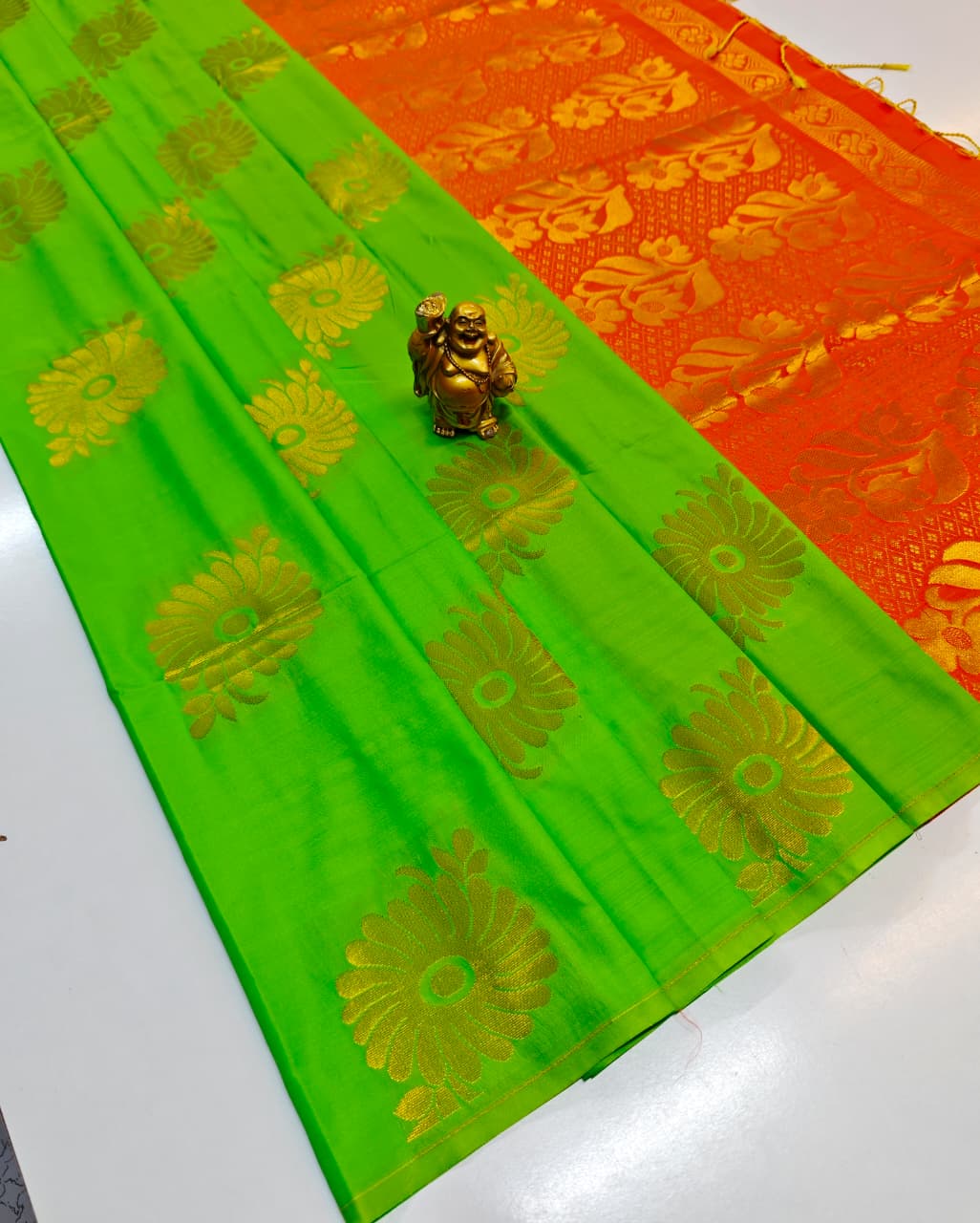 Pastel Grey Cotton Soft Silk Saree with Lime Green Zari Elegance